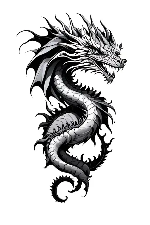 art nouveau, neo traditional, black and grey, stippling, dragon tattoo design idea