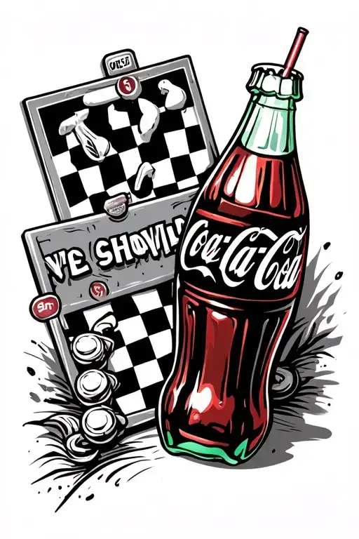 a caravan, a checkers game and a Coke bottle with a straw tattoo design idea