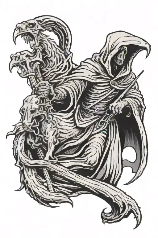 grim reaper with cerberus and scythe walking across tattoo design idea