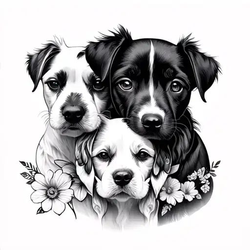 three dogs, nose prints with flowers tattoo design idea