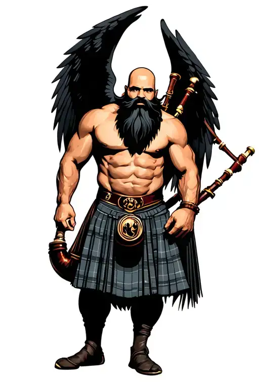 bagpipes in left arm bald shirtless muscular bagpiper black beard with two huge black wings  tattoo design idea
