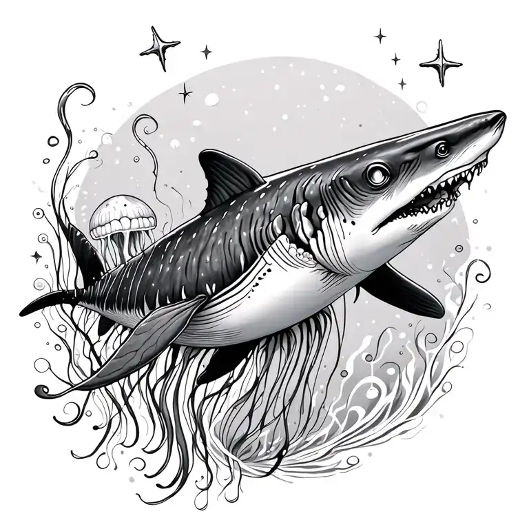 Whale shark and jellyfish design with stars and swirls  tattoo design idea