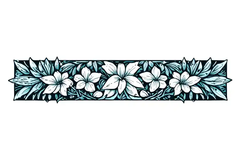 Floral Vertical Armband Tattoo With snowdrop flowers. polynesian linework outline rectangle. Ice theme tattoo design idea