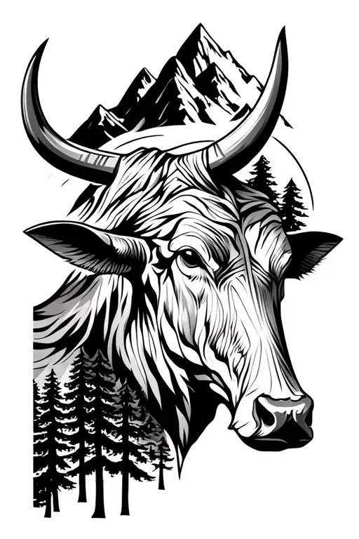 bull head realistic with mountains and forests tattoo design idea