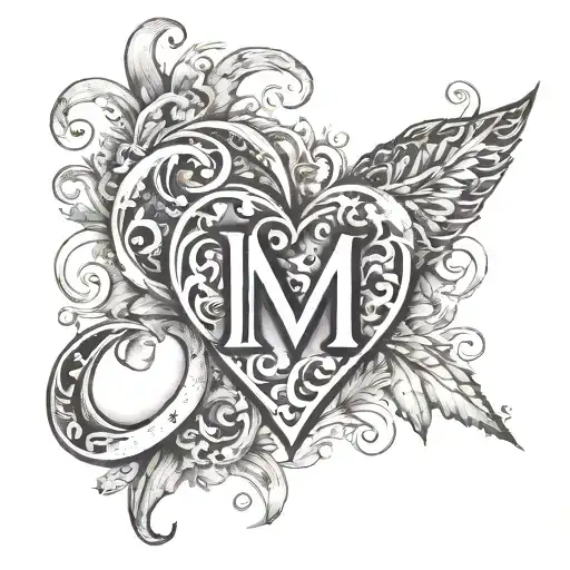 letter C with a heart inside split by the peace and love sign and in the heart two letters, the letter E and M tattoo design idea