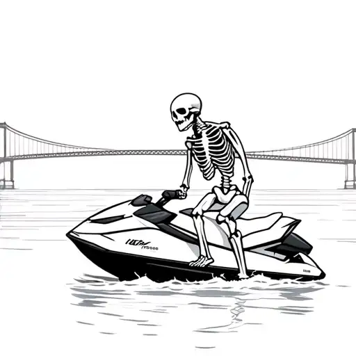 skeleton sitting on a jetski sideways while imitating the thinking man pose. with a bridge in the background.  tattoo design idea