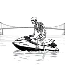 skeleton sitting on a jetski sideways while imitating the thinking man pose. with a bridge in the background.  tattoo design idea