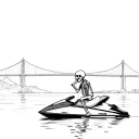 skeleton sitting on a jetski sideways while imitating the thinking man pose. with a bridge in the background.  tattoo design idea