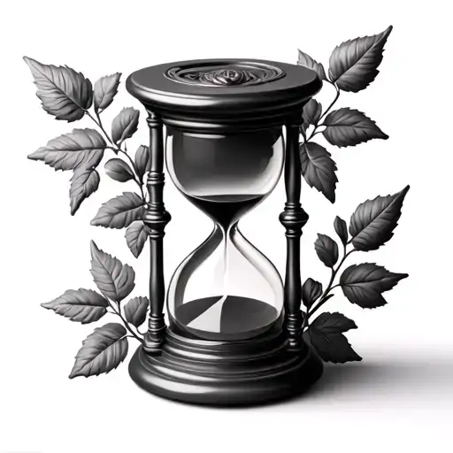 small vintage 3D hourglass wrapped in rose leafs. style black gray. tattoo design idea