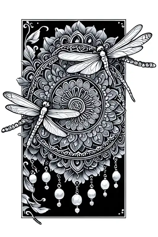 half mandala with dangling beads and dragonflies tattoo design idea