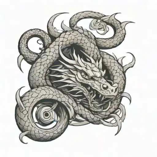 dragon around a dumbbell intertwined tattoo design idea