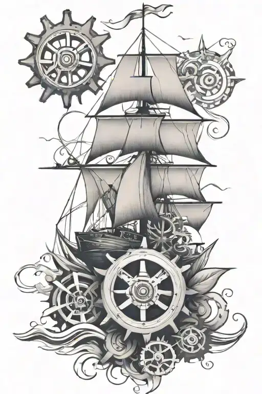 cog wheels and sail boat tattoo design idea