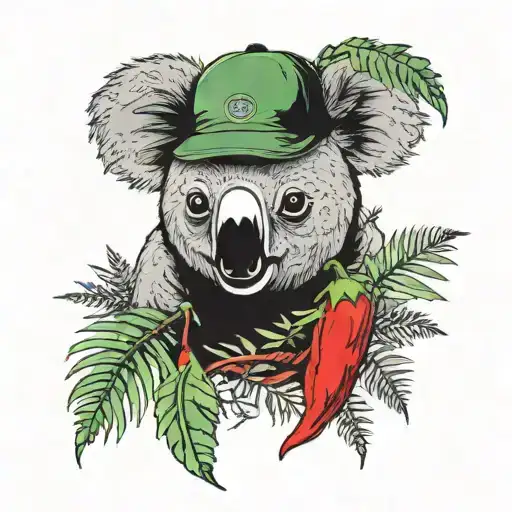 green and red pepper with a koala hat that has red cheeks, surrounded by fern tattoo design idea