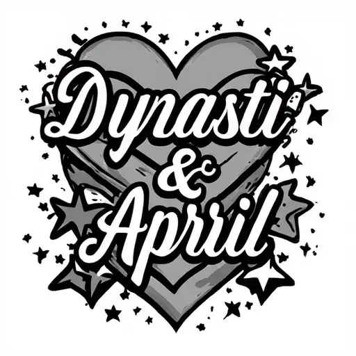 "Dynasti & April" "Dynasti & April"  name script hearts and stars tattoo design idea