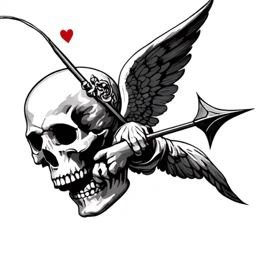 Cupid in skull shooting with arc and arrow tattoo design idea