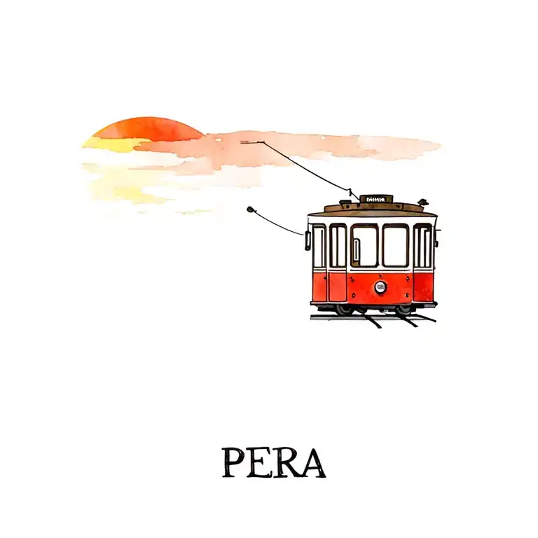 cute little empty red tram heading away from the sunset. destinaot up front reads "PERA" tattoo design idea
