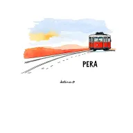 cute little empty red tram heading away from the sunset. destinaot up front reads "PERA" tattoo design idea