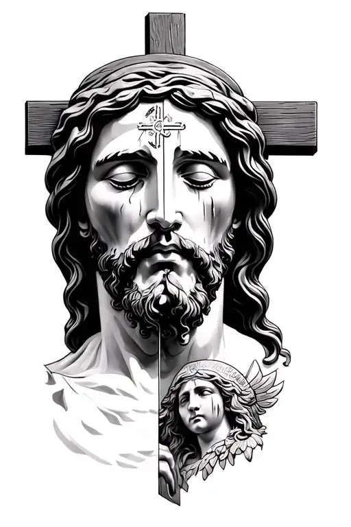 half face of Jesus on the cross half face of Mary crying with st Michael under it tattoo design idea