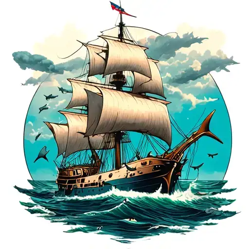 Sharks swimming around a sunken sail ship tattoo design idea