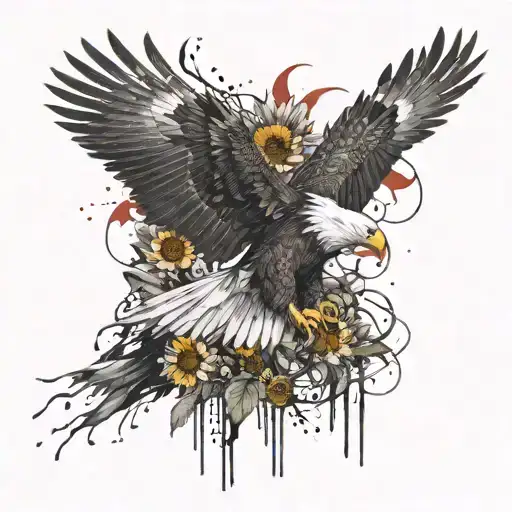 A fierce eagle soaring through the sky with a background of three sunflowers tattoo design idea