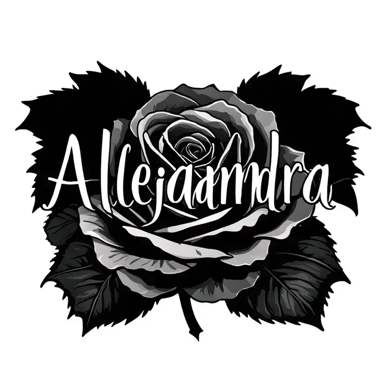 the name Alejandra with a rose surrounded with no stem or leaves and only 1 rose tattoo design idea
