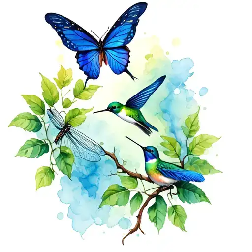 blue butterfly and dragonfly and hummingbird on a vine tattoo design idea
