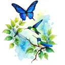 blue butterfly and dragonfly and hummingbird on a vine tattoo design idea