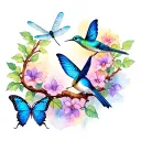 blue butterfly and dragonfly and hummingbird on a vine tattoo design idea