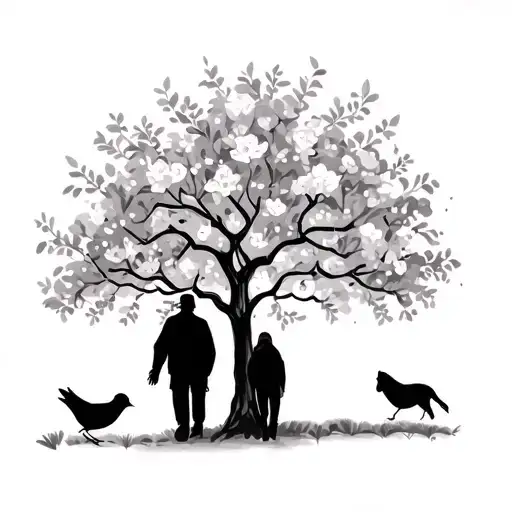 blossem tree with 2 robbin brids together with my nan and grandad walkint together  tattoo design idea