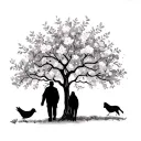 blossem tree with 2 robbin brids together with my nan and grandad walkint together  tattoo design idea