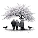 blossem tree with 2 robbin brids together with my nan and grandad walkint together  tattoo design idea