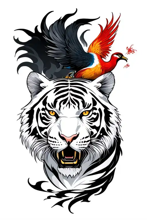 white Tiger, black tortoise, and phoenix rising from ashes tattoo design idea