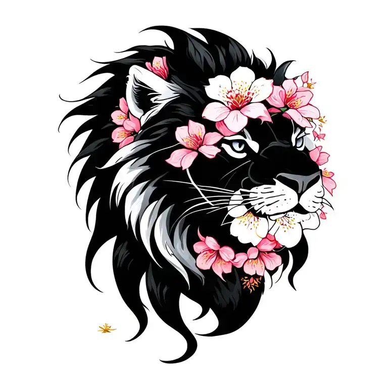 lion and cherry blossoms wrapped tattoo design idea