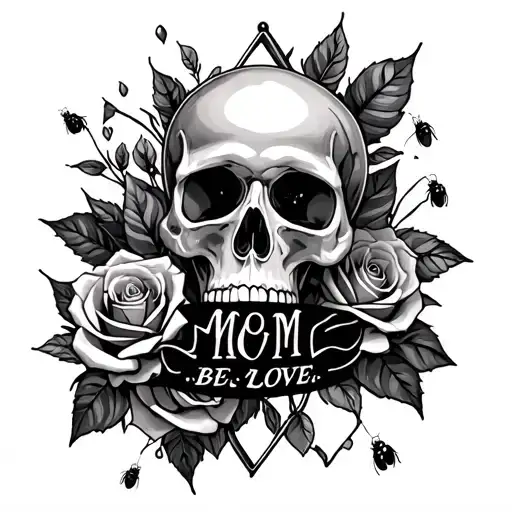 "Mom, BE LOVE quote banner" memorial piece featuring skulls roses hour glass shards, lady bugs  tattoo design idea