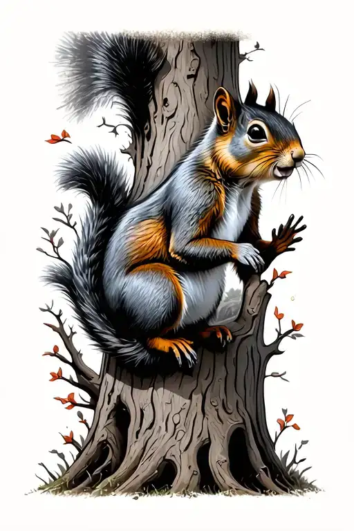 climbing squirrel down tree tattoo design idea