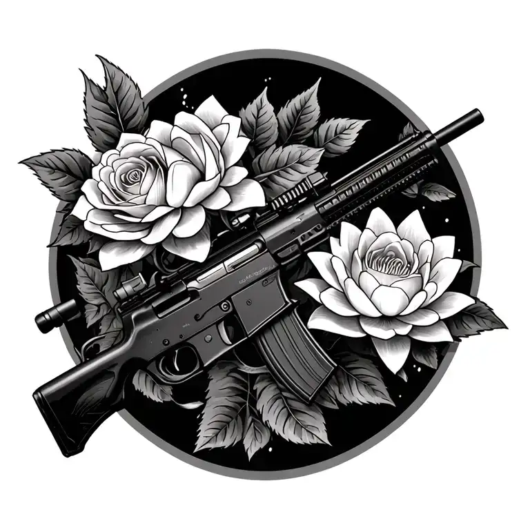ar rifle with roses and water lily intertwined tattoo design idea