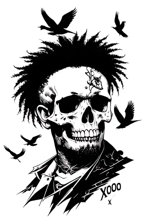 The Weeknd XO Skull with Birds Flying  tattoo design idea