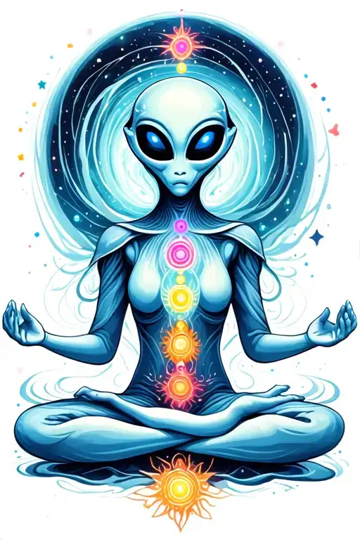 an alien with chakras meditating on a swirling cluster of stars tattoo design idea