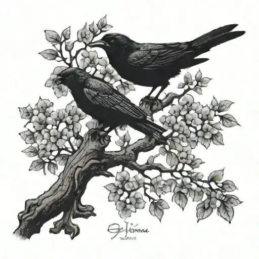 Red Sakura Tree of Life with 1 adult crow and 1 baby crow tattoo design idea