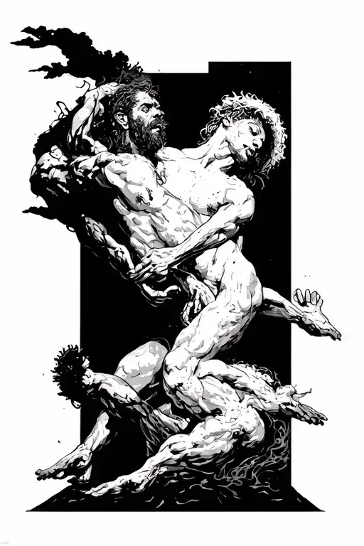 the battle for deliverance, the egos conflict with the shadow, primitive man's struggle to acheive consciousness tattoo design idea