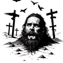 bearded man with terrified face, buried up to neck in desert, crows circling above, crosses in background  tattoo design idea