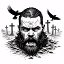 bearded man with terrified face, buried up to neck in desert, crows circling above, crosses in background  tattoo design idea