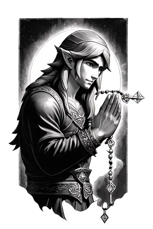 legend of zelda character named Link praying the rosary tattoo design idea