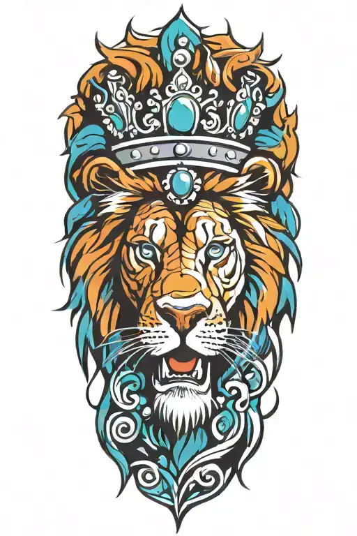 crowned lion roaring fiercely turquoise white black grey tattoo design idea
