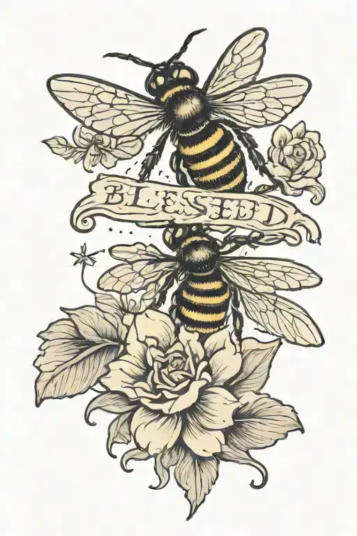 blessed written and bees flying tattoo design idea