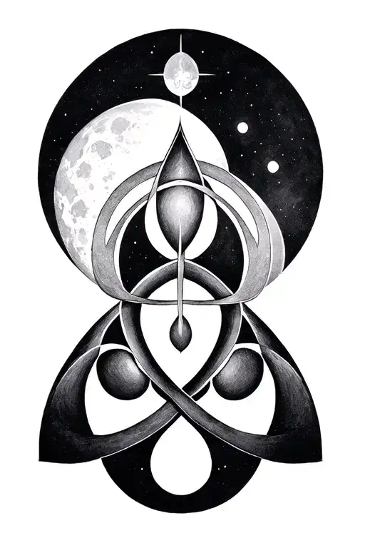 I am looking for a minimalist single line tattoo that incorporates the mother goddess symbol triquetra and triple moon tattoo design idea