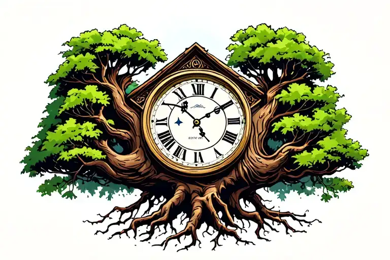 grandfather clock that evolves into tree roots spread wide across  tattoo design idea