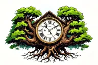 grandfather clock that evolves into tree roots spread wide across  tattoo design idea