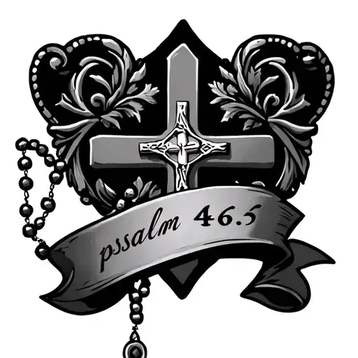 Decorative cross with a rosary necklace and a banner going around it that has the Bible verse "psalm 46:5" tattoo design idea