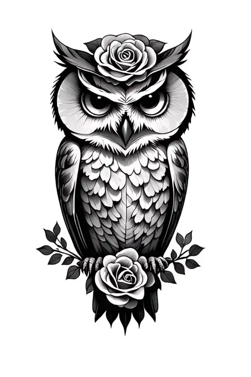 owl with half skull and roses tattoo design idea